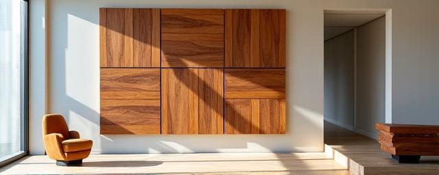 Moderne, abstracte houten sculptuur als wandinstallatie in een open ruimte