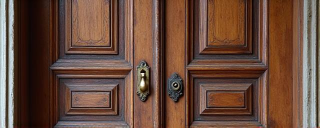 Oude, maar prachtig gerestaureerde houten deur met gedetailleerd snijwerk