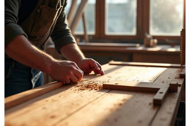 Een timmerman werkt geconcentreerd aan een houten project in een geavanceerde werkplaats.
